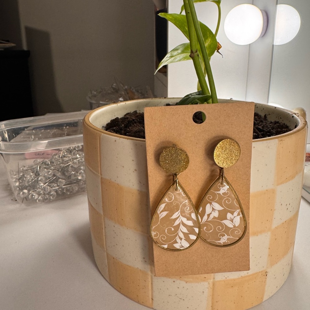 Handcrafted Gold and Cream Floral Teardrop Earrings - Home Accents